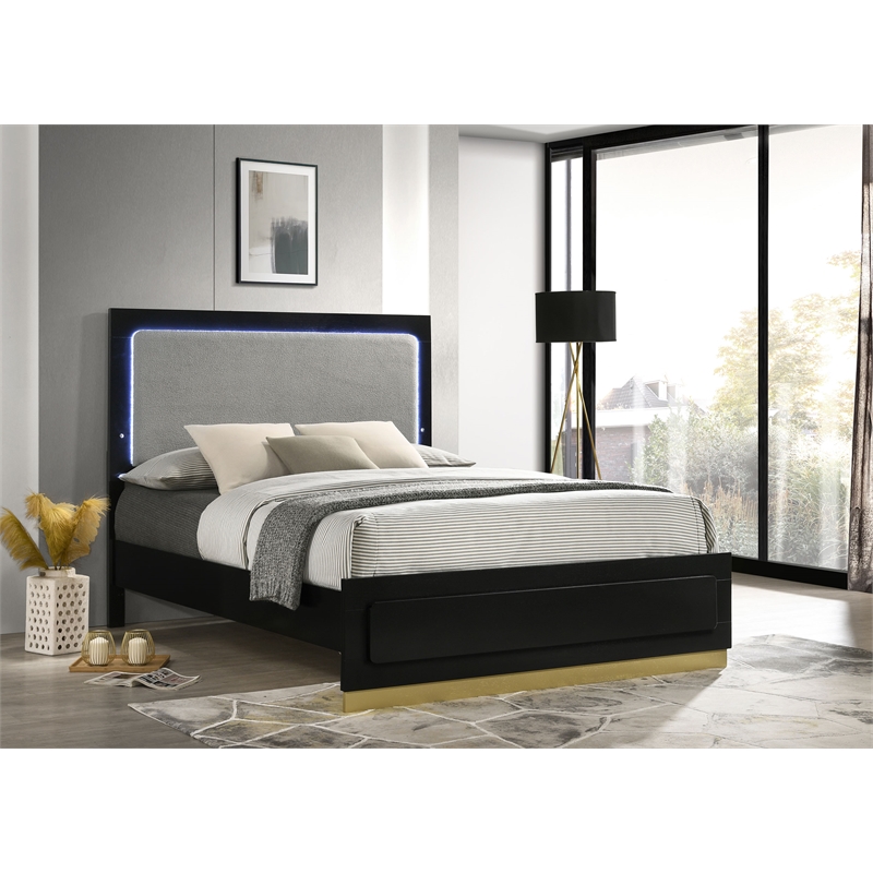Pemberly Row Wood Eastern King Bed with LED Headboard Black and Gray