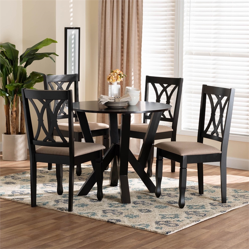 Pemberly Row Sand Fabric and Dark Brown Finished Wood 5-Piece Dining Set