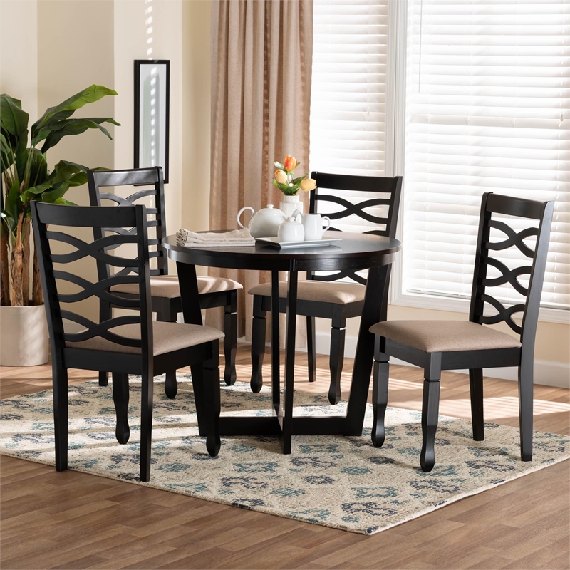 Pemberly Row Sand Fabric and Dark Brown Finished Wood 5-Piece Dining Set