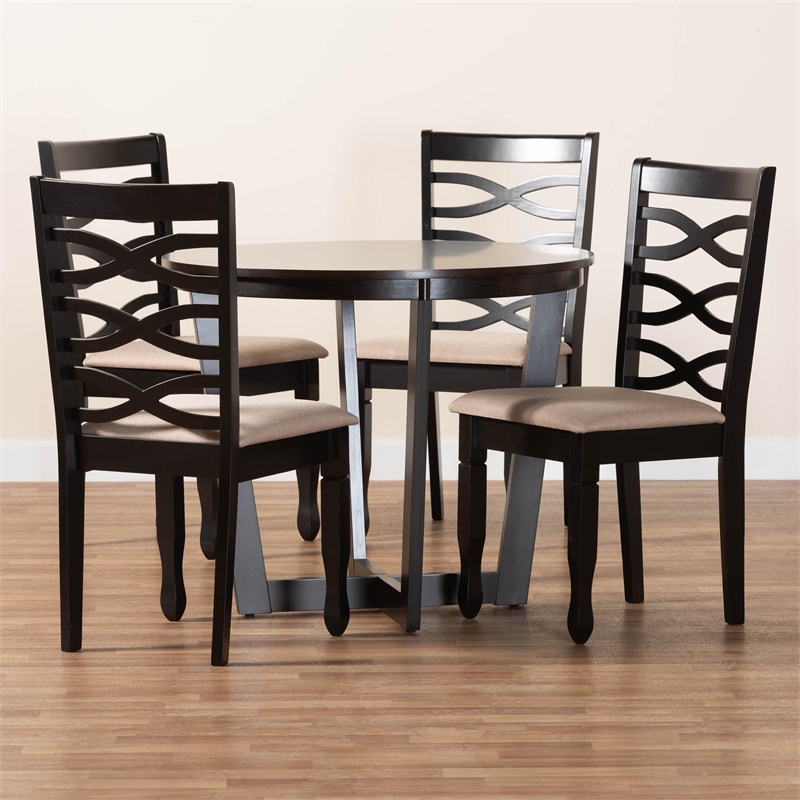 Pemberly Row Sand Fabric and Dark Brown Finished Wood 5-Piece Dining Set