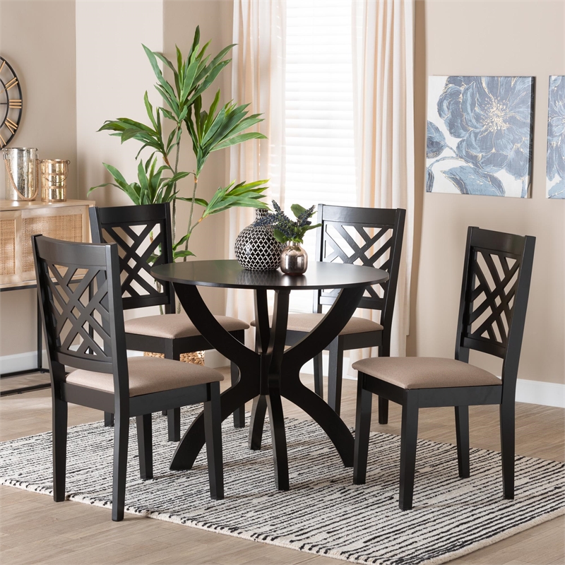 Pemberly Row Sand Fabric and Walnut Brown Wood 5-Piece Dining Set