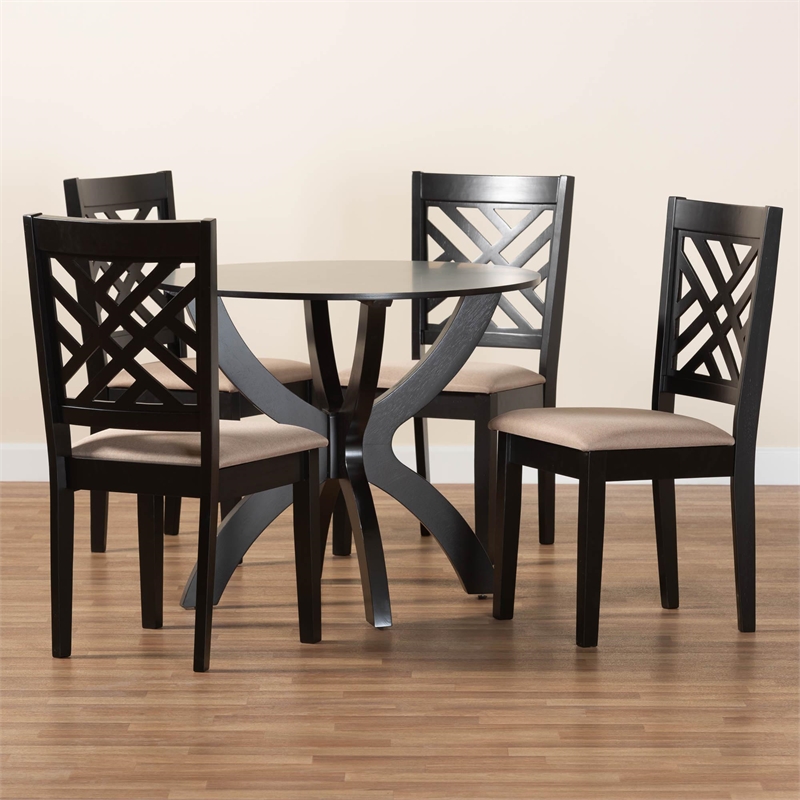 Pemberly Row Sand Fabric and Walnut Brown Wood 5-Piece Dining Set