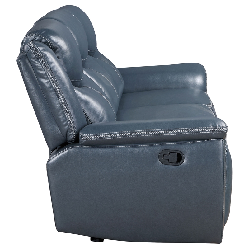Pemberly Row Faux Leather Motion Reclining Sofa with Drop Down Table Blue