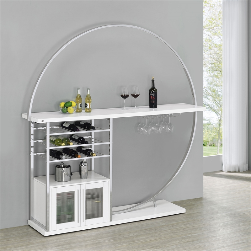 Pemberly Row Circular LED Wood Home Bar with Wine Storage White High Gloss