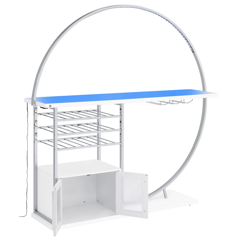 Pemberly Row Circular LED Wood Home Bar with Wine Storage White High Gloss