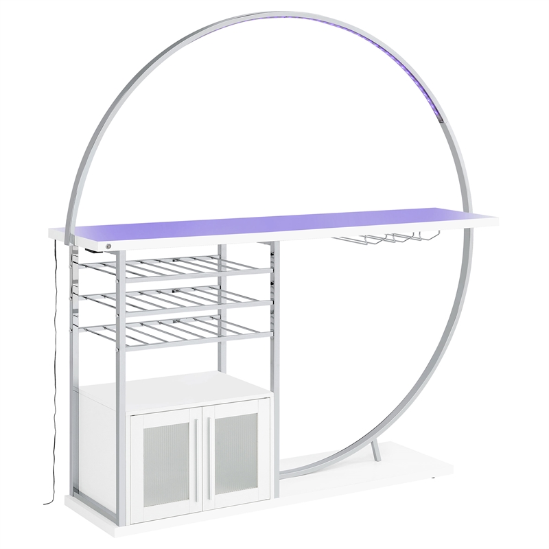 Pemberly Row Circular LED Wood Home Bar with Wine Storage White High Gloss