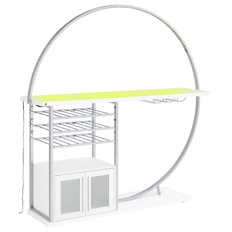 Pemberly Row Circular LED Wood Home Bar with Wine Storage White High Gloss
