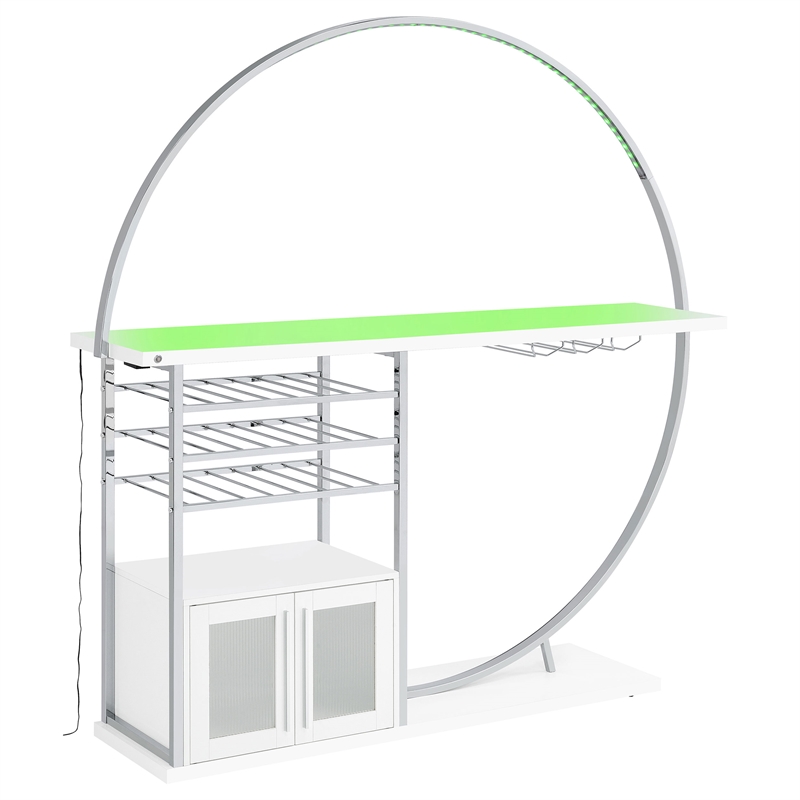 Pemberly Row Circular LED Wood Home Bar with Wine Storage White High Gloss