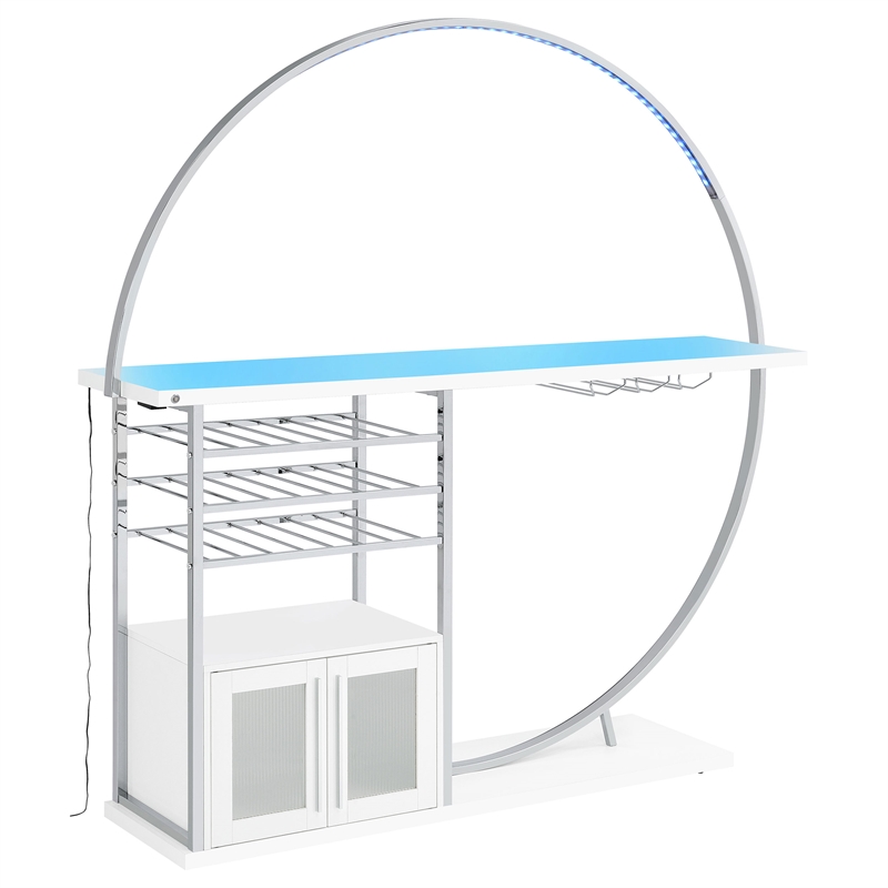 Pemberly Row Circular LED Wood Home Bar with Wine Storage White High Gloss