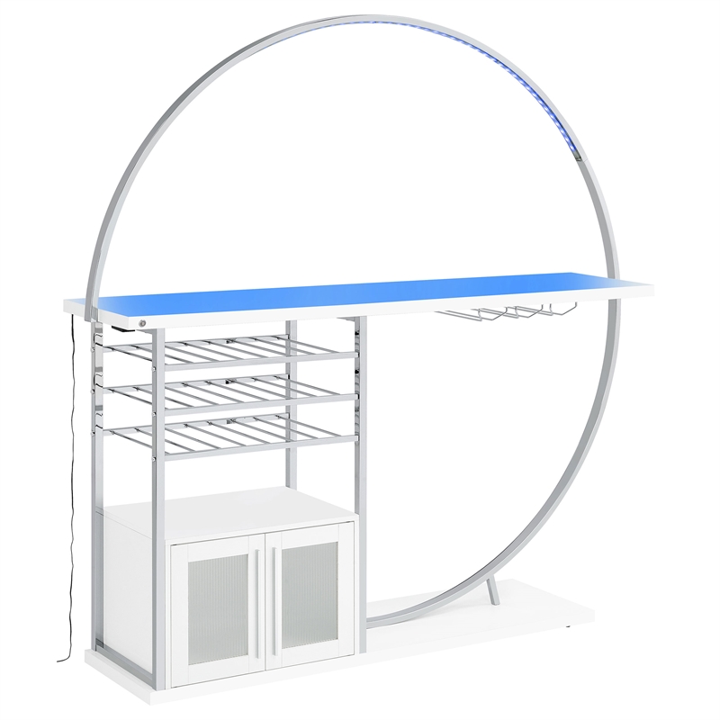 Pemberly Row Circular LED Wood Home Bar with Wine Storage White High Gloss