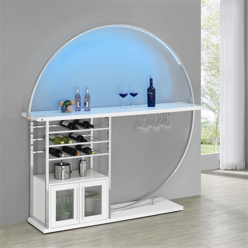 Pemberly Row Circular LED Wood Home Bar with Wine Storage White High Gloss