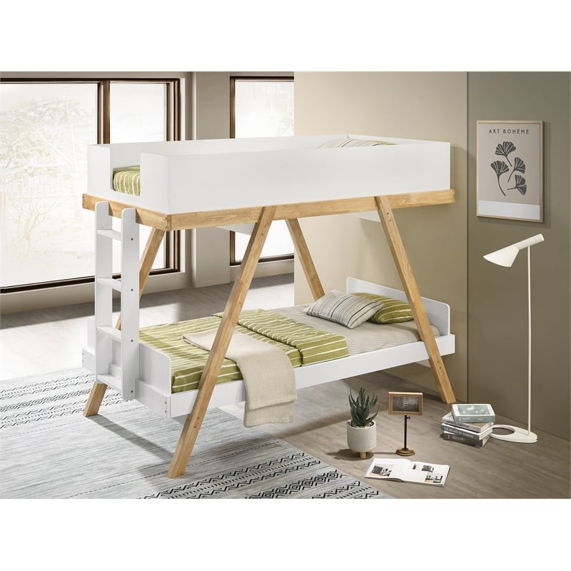 Pemberly Row Modern Wood Twin Over Twin Bunk Bed White and Natural