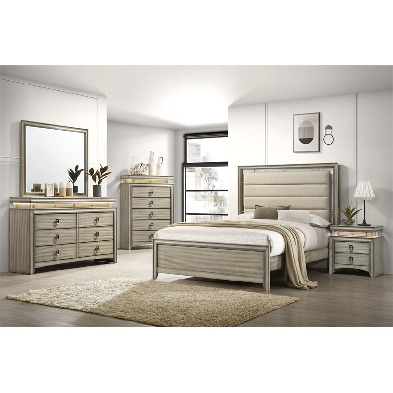 Pemberly Row Wood California King Bed with Upholstered Headboard Rustic Beige
