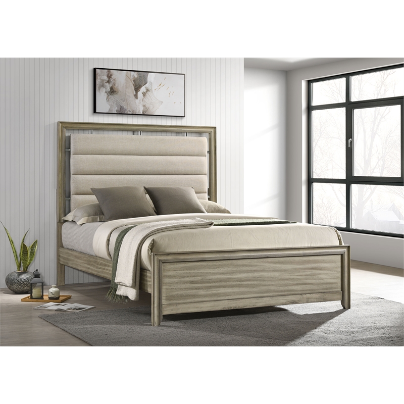 Pemberly Row Wood California King Bed with Upholstered Headboard Rustic Beige