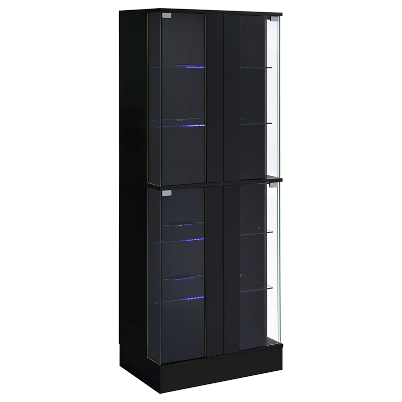 Pemberly Row Wood Display Case Curio Cabinet with LED Lighting Black High Gloss