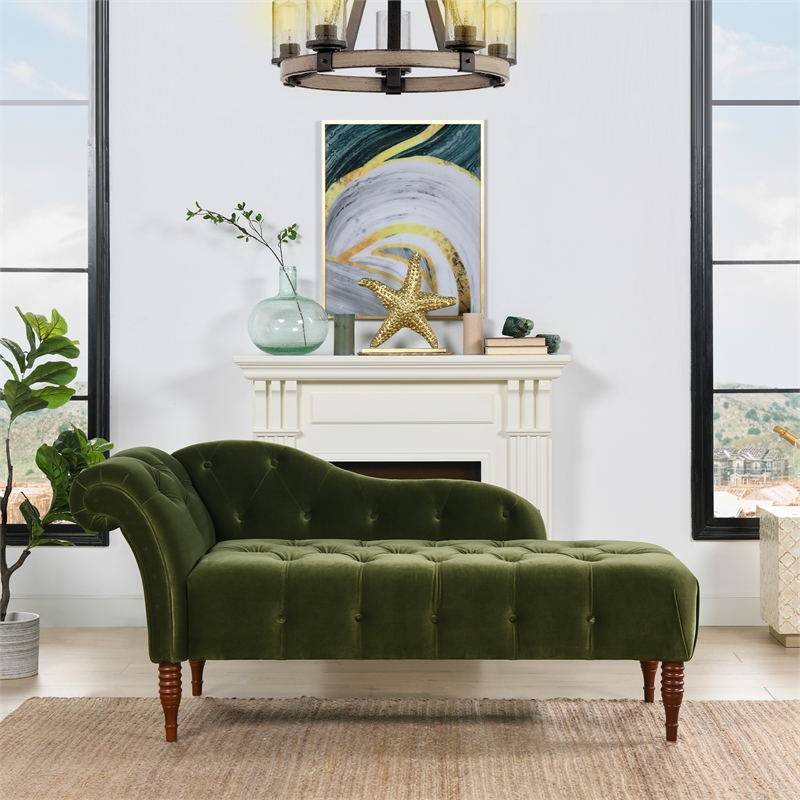 Pemberly Row Tufted Roll Arm Chaise Lounge Olive Green Velvet