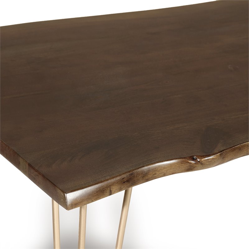 Pemberly Row Contemporary Live Edge Dining Table in Elm and Gold