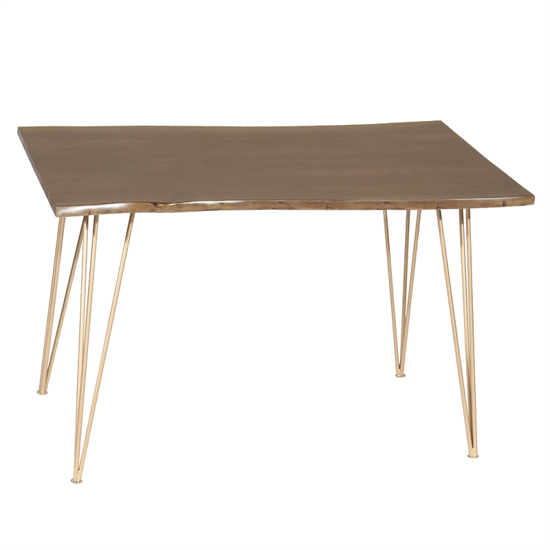 Pemberly Row Contemporary Live Edge Dining Table in Elm and Gold