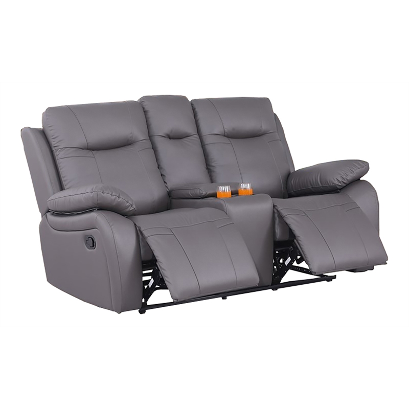 Pemberly Row Manual Faux Leather Recliner Loveseat Sofa w/ Drink Holder in Gray