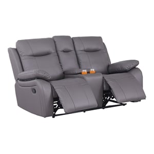 Pemberly Row Manual Faux Leather Recliner Loveseat Sofa w/ Drink Holder in Gray