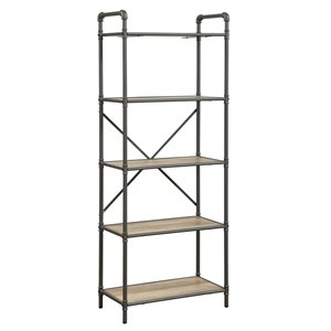 Pemberly Row 5 Wooden Tiers Rectangular Bookshelf in Antique Oak and Sandy Gray