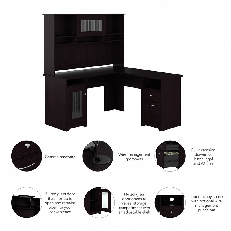 Pemberly Row L Shaped Desk with Hutch in Espresso Oak - Engineered Wood