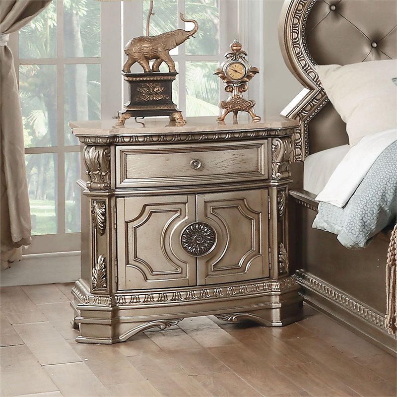Pemberly Row 1 Drawer Wooden Marble Top Nightstand in Antique Silver