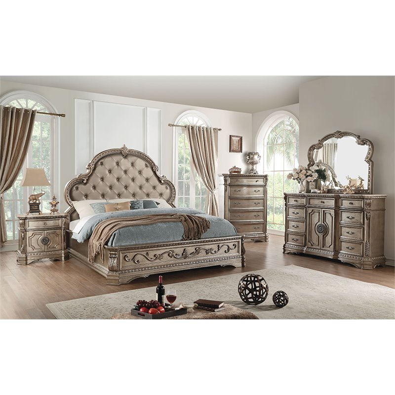 Pemberly Row 1 Drawer Wooden Marble Top Nightstand in Antique Silver