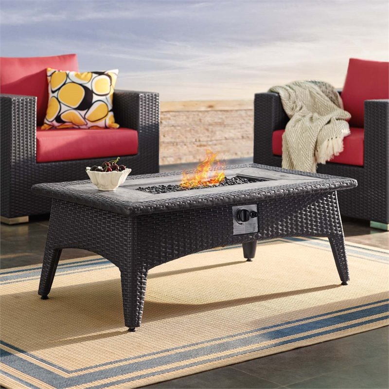 Pemberly Row Aluminum & Rattan Fire Pit Patio Coffee Table in Espresso