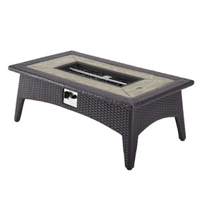 Pemberly Row Aluminum & Rattan Fire Pit Patio Coffee Table in Espresso