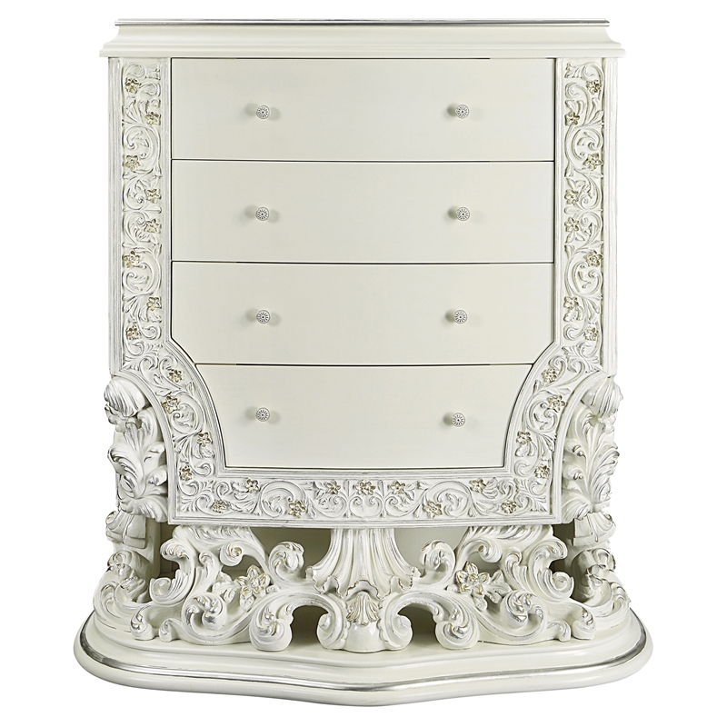 Pemberly Row 4 Drawers Wooden Chest with Floral Motifs in Antique White