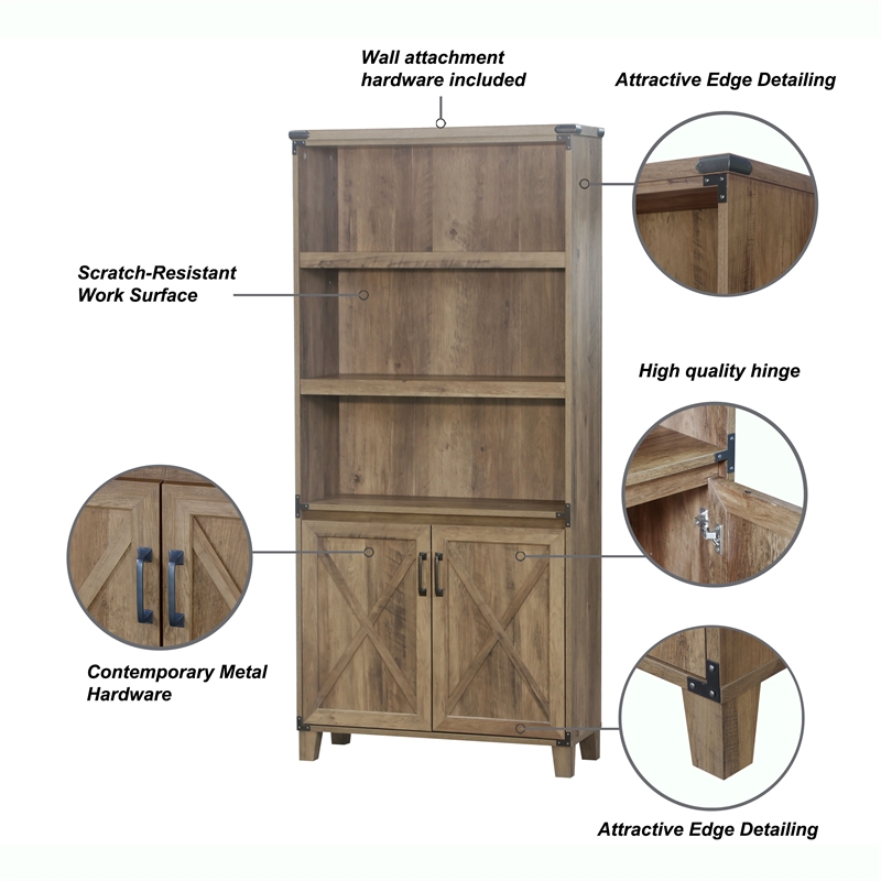 Pemberly Row 2-Door Farmhouse Engineered Wood Bookcase in Rustic Oak