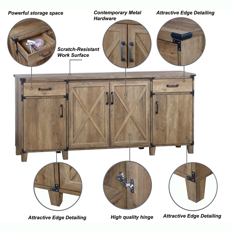 Pemberly Row 4-Door Engineered Wood Credenza File Cabinet in Rustic Oak