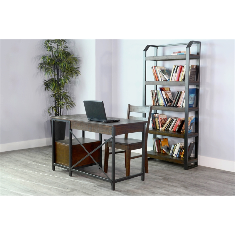 Pemberly Row Modern / Contemporary Metal Frame Bookcase in Dark Wood