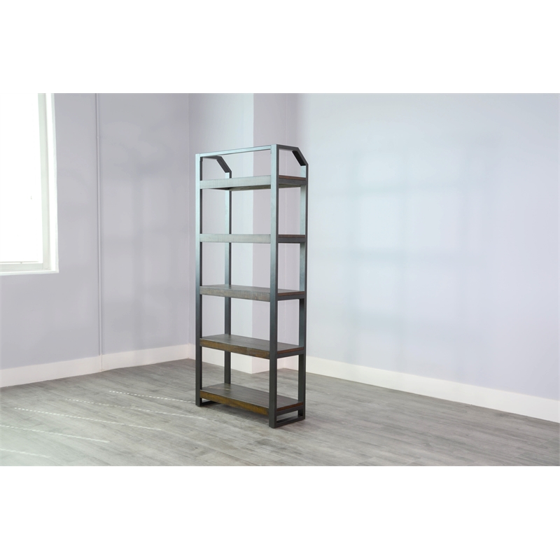 Pemberly Row Modern / Contemporary Metal Frame Bookcase in Dark Wood