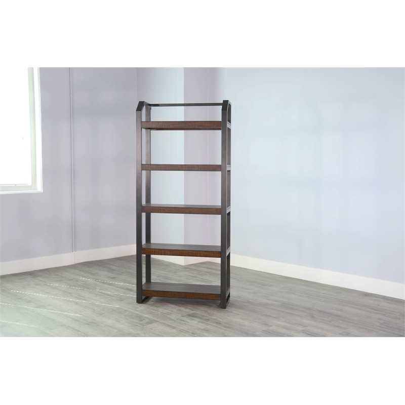 Pemberly Row Modern / Contemporary Metal Frame Bookcase in Dark Wood