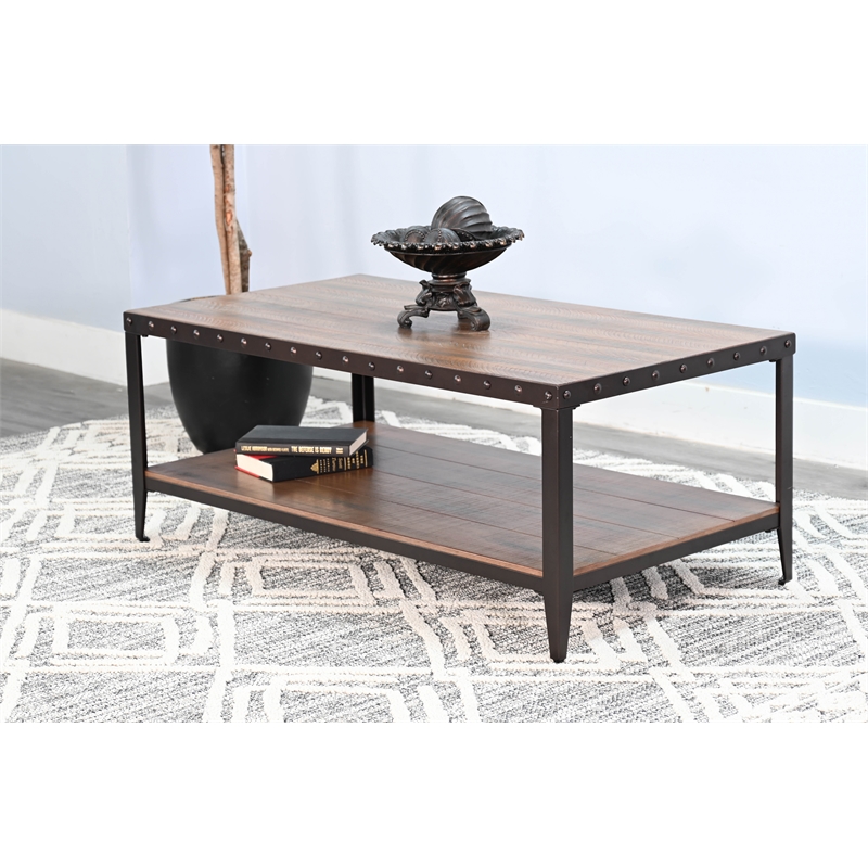 Pemberly Row Modern Metal & Solid Wood Coffee Table in Brown