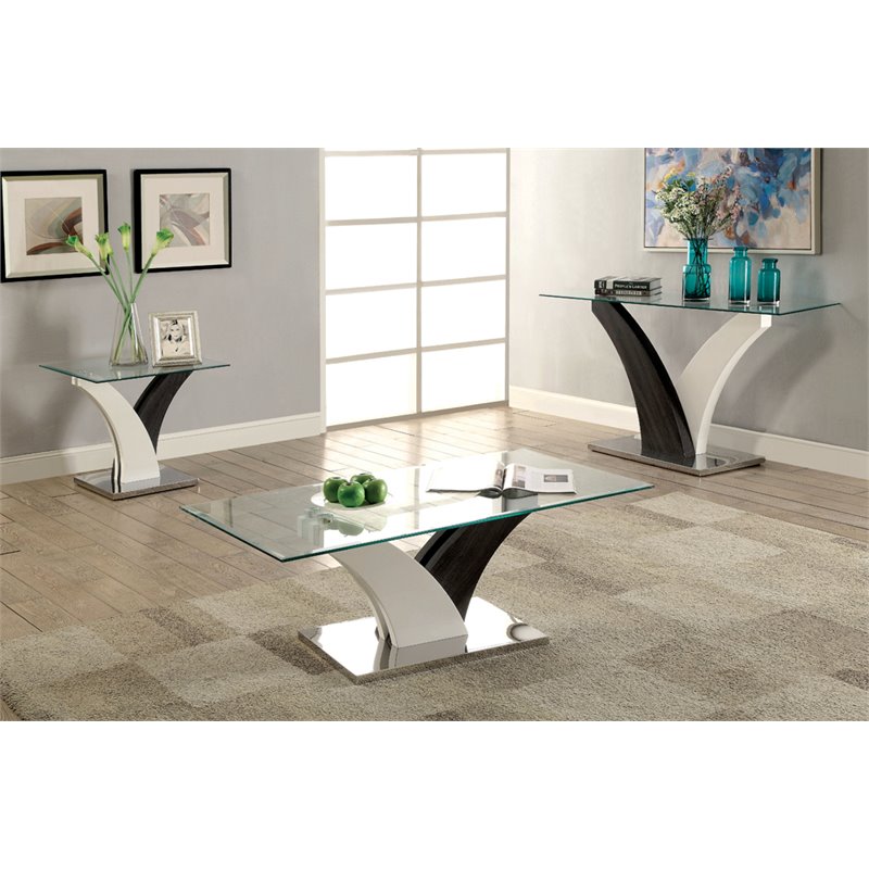Pemberly Row Contemporary Glass Top Coffee Table in White and Gray