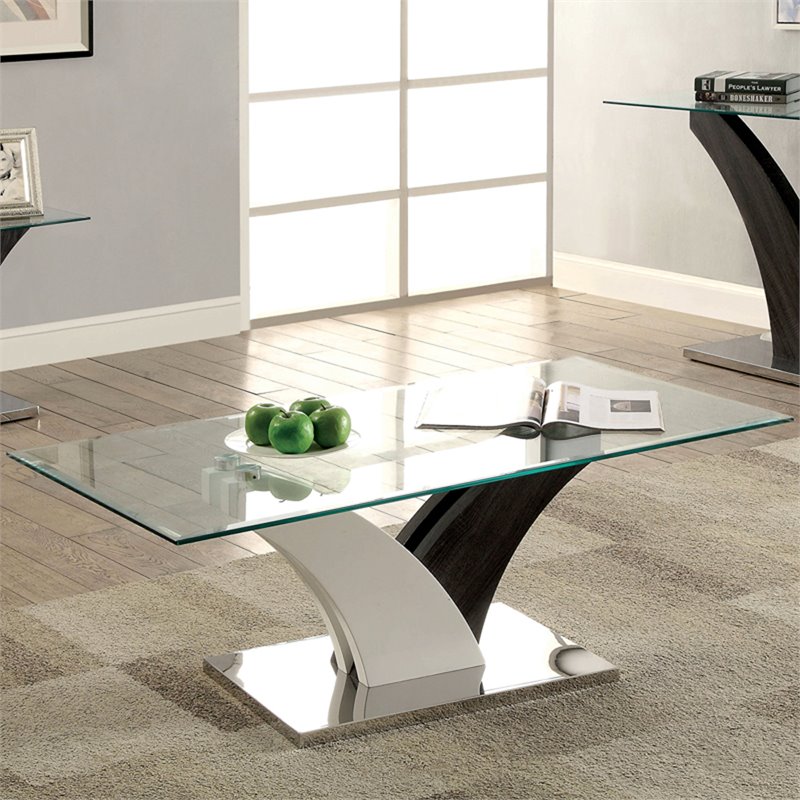 Pemberly Row Contemporary Glass Top Coffee Table in White and Gray