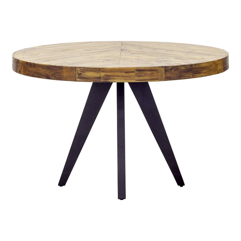 Pemberly Row Round Wood Dining Table with Metal Legs in Brown
