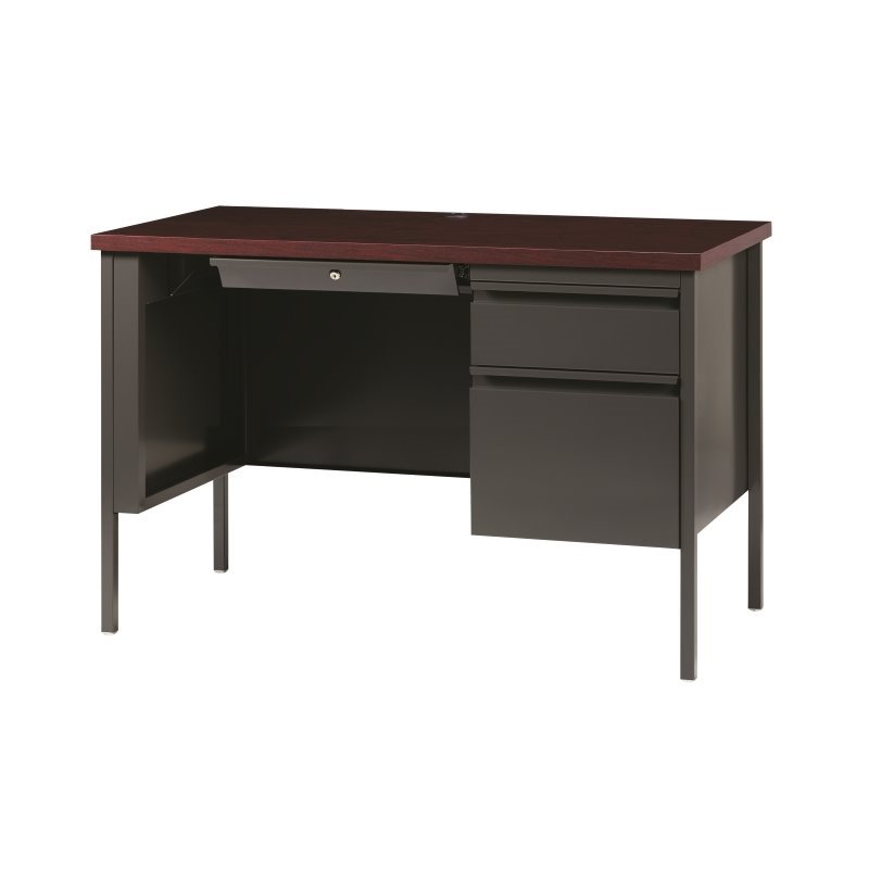 Pemberly Row 24x45 Right Hand Single Pedestal Metal Desk Charcoal/Mahogany