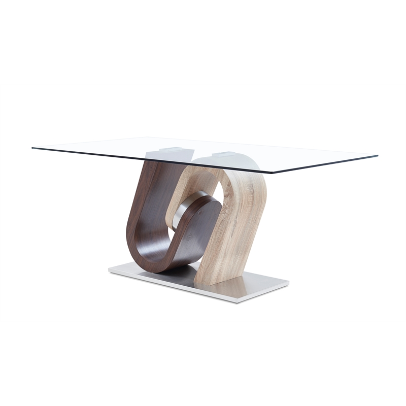 Pemberly Row Modern Glass Top Dining Table with Oak And Walnut