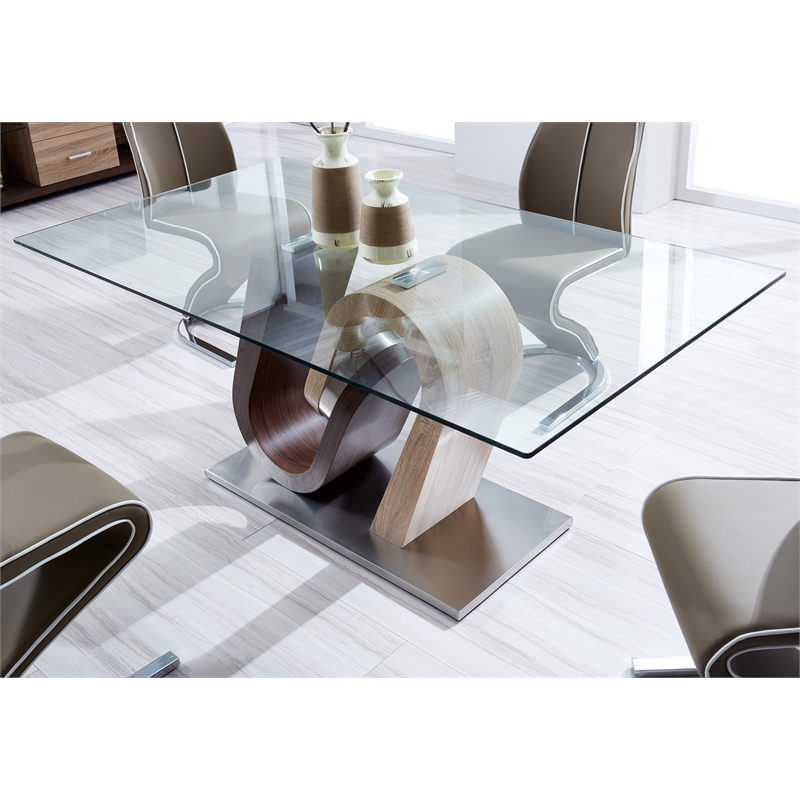 Pemberly Row Modern Glass Top Dining Table with Oak And Walnut
