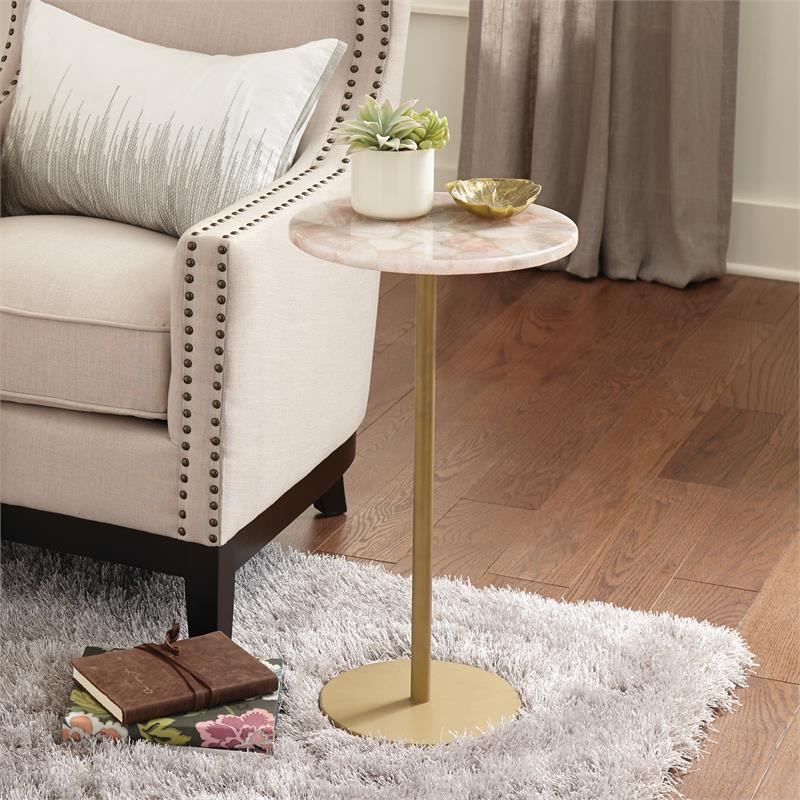 Pemberly Row Round Agate Top and Brass Metal Base Chairside Table