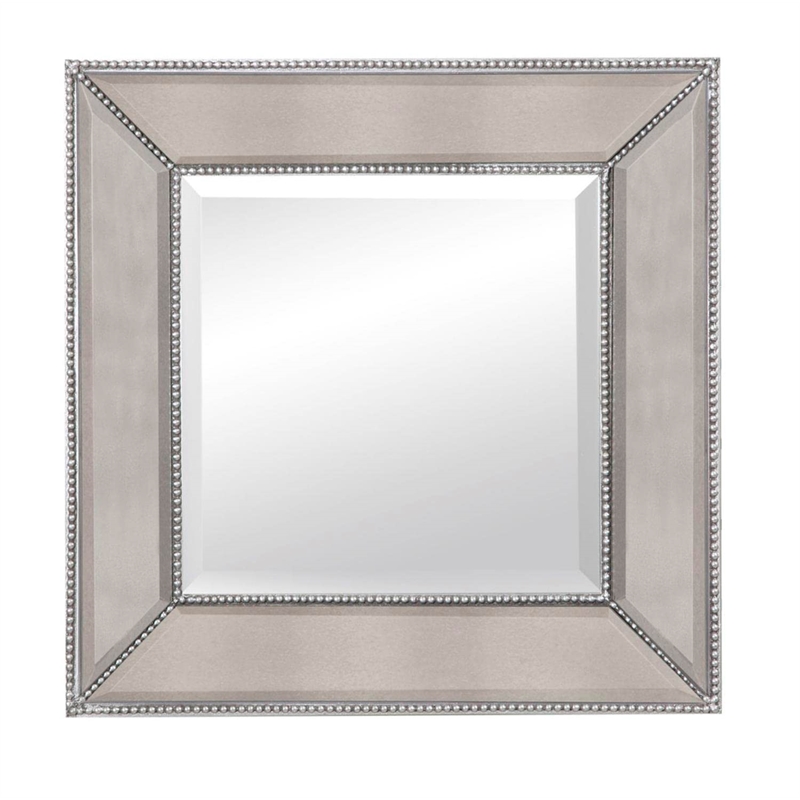 Pemberly Row Contemporary Beaded Wood Wall Mirror in Silver Leaf