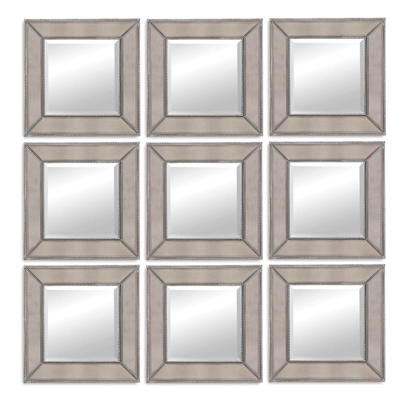 Pemberly Row Contemporary Beaded Wood Wall Mirror in Silver Leaf