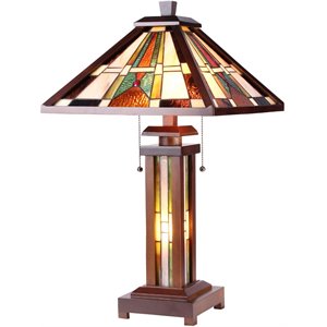 Pemberly Row Tiffany Mission 3 Light Double Lit Wooden Table Lamp 15&quot Shade