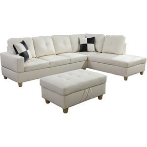 Pemberly Row Modern Right-Facing Sectional & Ottoman in Off White