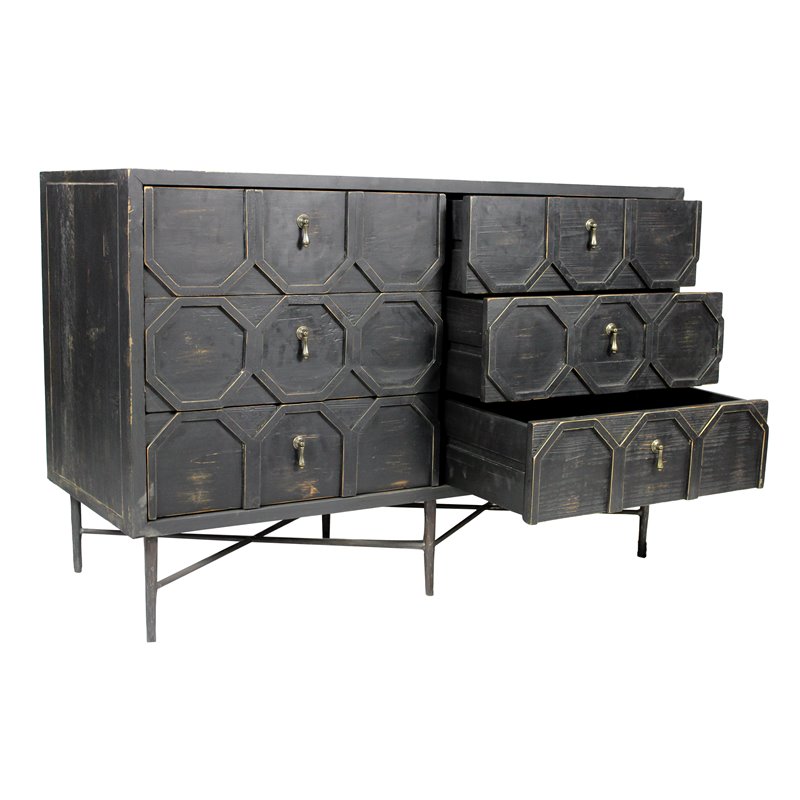 Pemberly Row Solid Wood 6 Door Sideboard on Cast Iron Base in Black