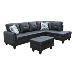 Pemberly Row Modern (Black) 3PC Faux Leather Sectional w/ottoman